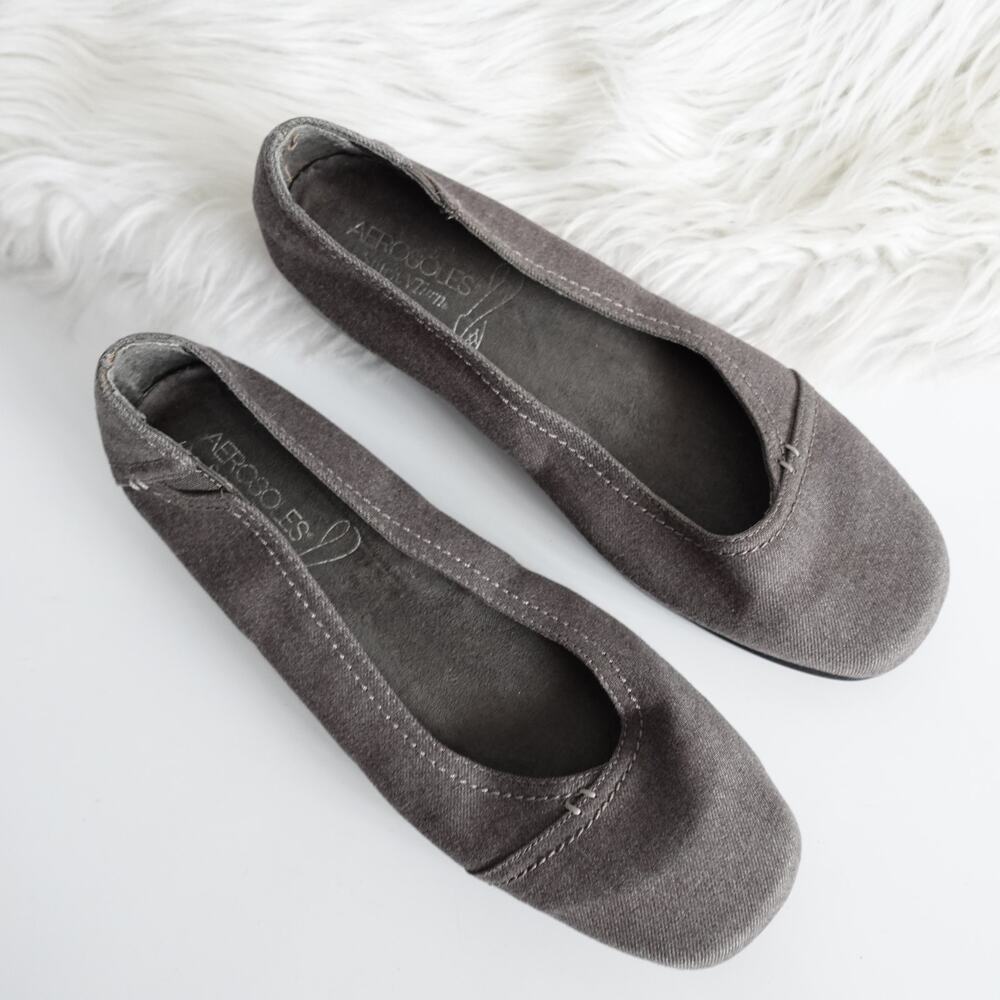 Vintage Aerosoles 90s Y2K Grey Square Toe Fabric Flats - Picture 2 of 9